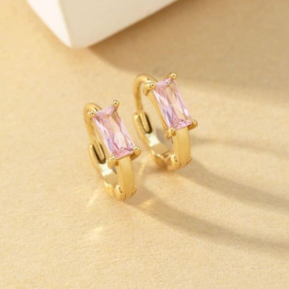 14K Yellow Gold with Pink Sapphire Cubic Zirconia Baguette Cut Huggie Earrings - Picture 3 of 7